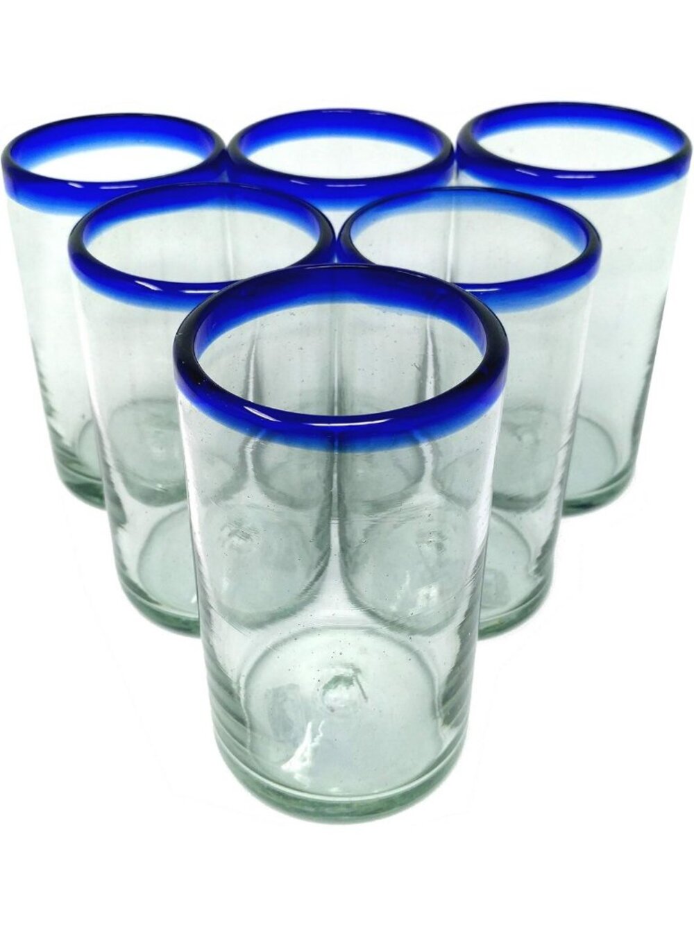 Hand Blown Mexican Drinking Glasses Set of 6 | Cobalt Blue Rim | 14 oz Tumblers